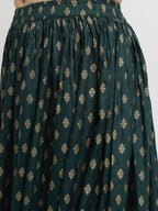 Rudra Bazaar Green Gold Printed Straight Kurta with Gold Printed Skirt & Dupatta | Grocsy