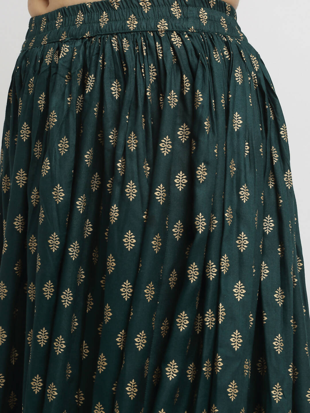 Rudra Bazaar Green Gold Printed Straight Kurta with Gold Printed Skirt & Dupatta | Grocsy