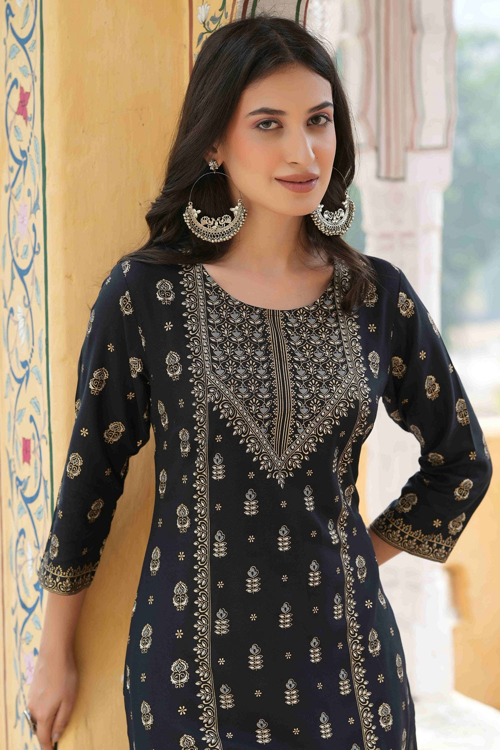 Juniper Black Rayon Festive Printed Straight Kurta For Women | Grocsy
