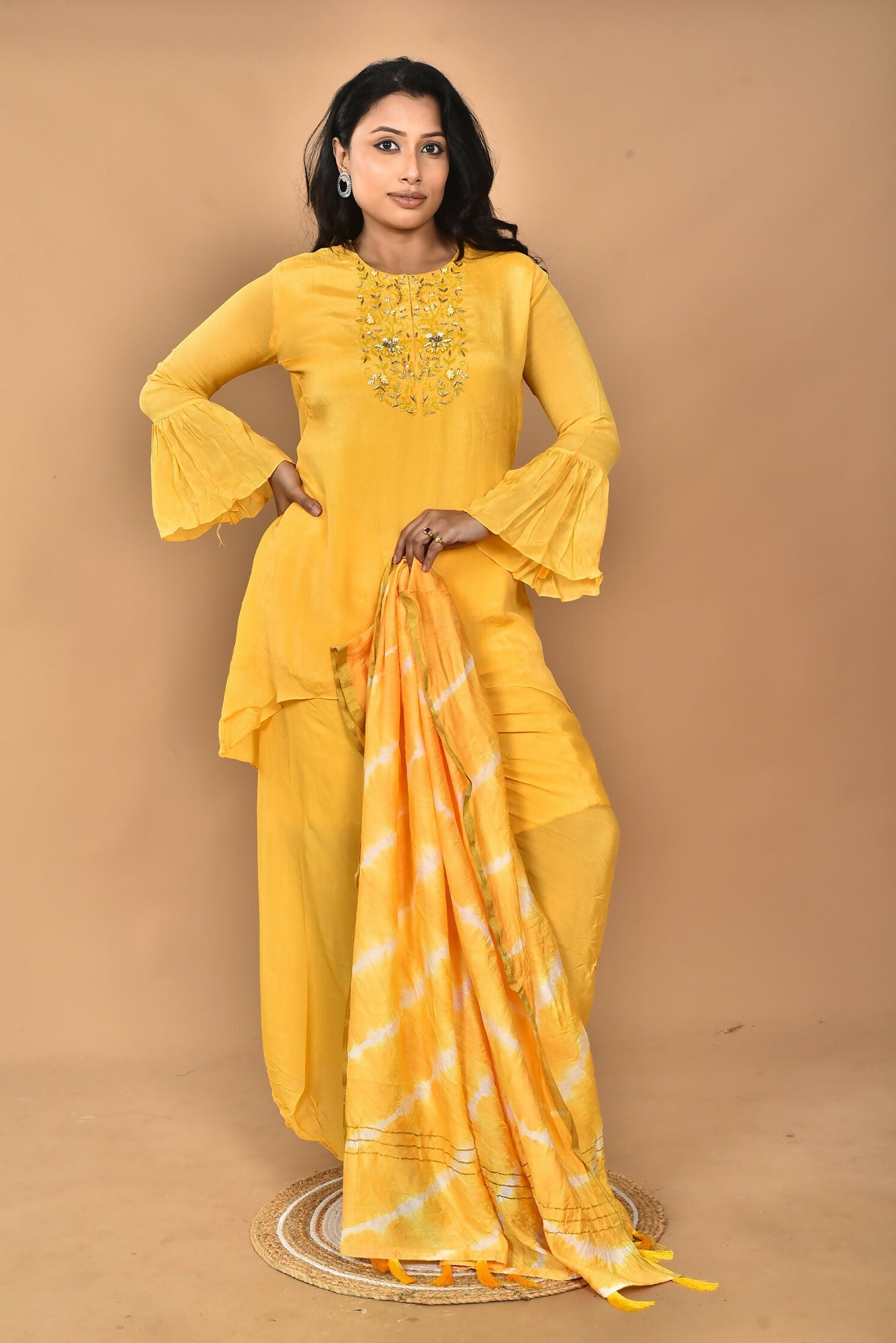 Morchari Women And Hand Embroidery Palazzo Set-Yellow | Grocsy