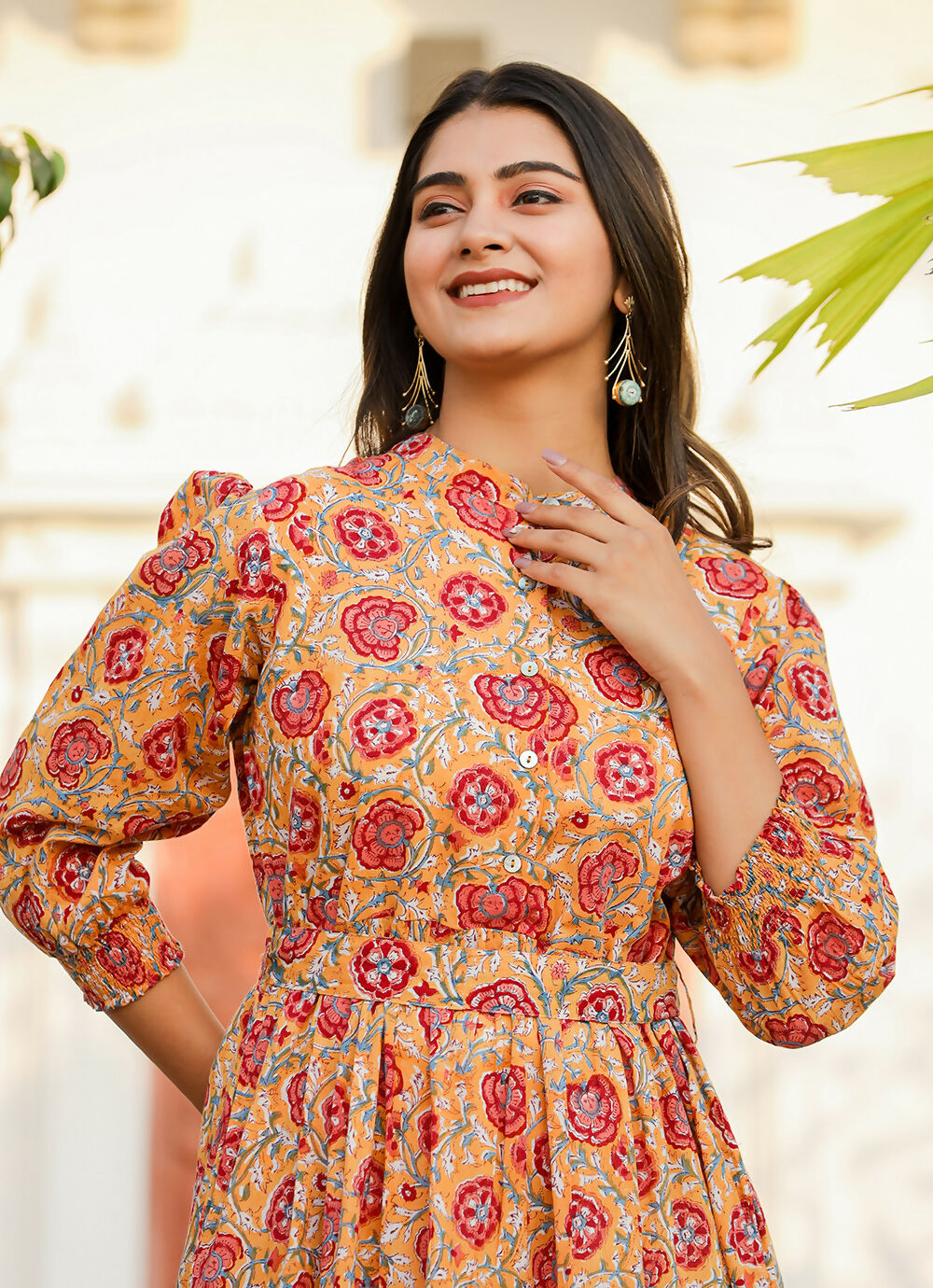 Kaajh Women's Yellow-Red Floral Hand Block Print Cotton Dress | Grocsy