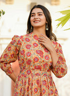 Kaajh Women's Yellow-Red Floral Hand Block Print Cotton Dress | Grocsy