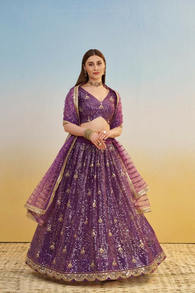 Aastha Fashion Dark Purple Butterfly Net Tone To Tone Thread Work, Sequence Work And Original Mirror Work Embroidery Wedding Wear Lehenga Choli | Grocsy