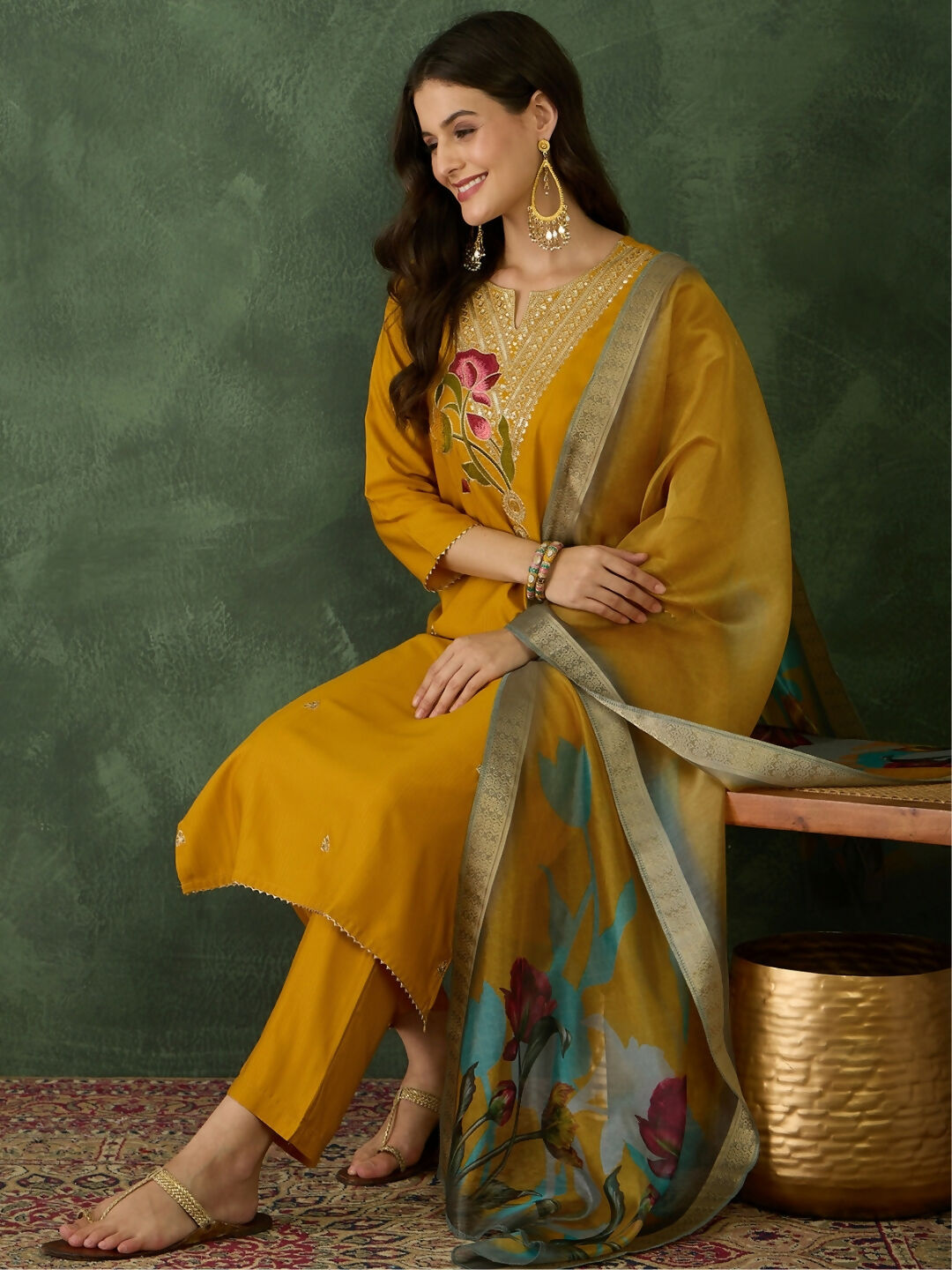 The52 Mustard Women's Beautiful Rayon Fabric Embroidered Work Straight Kurta, Pant and Dupatta Set | Grocsy