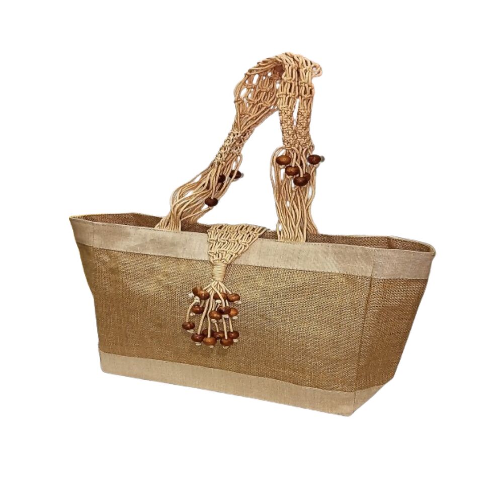 Jute Ladies Fashion Bag with Wooden Beads | Grocsy
