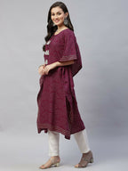 Miravan Women's Floral Printed Cotton Kaftan Kurta In Magenta | Grocsy