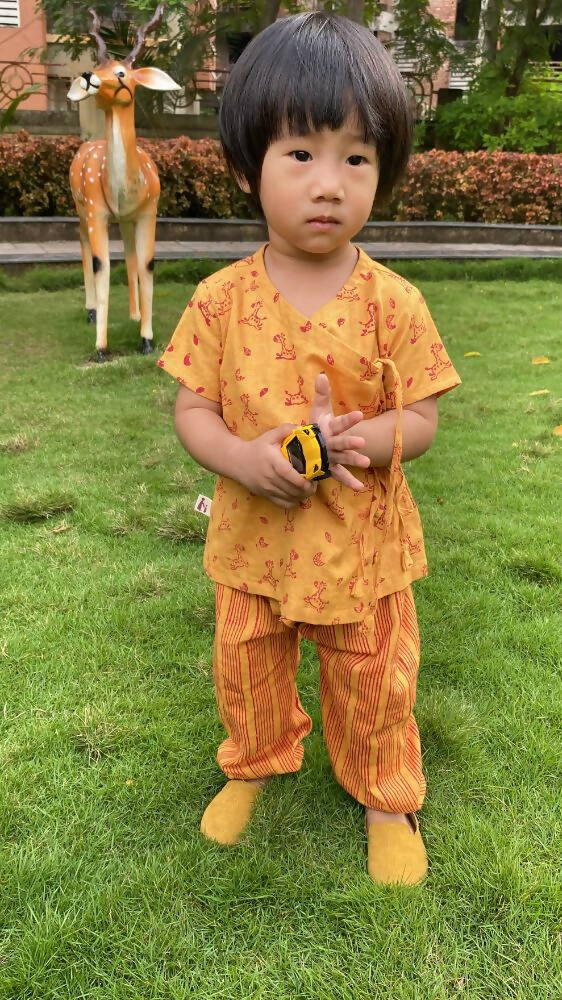 Mhyssa Zeke Half Sleeve Wrap Style Yellow and Red T-shirt With Long Pant Set For Kids | Grocsy
