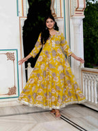 Miravan Women's Cotton Gotapatti And Lace Border Details Floral Printed Yellow Anarkali Kurta | Grocsy