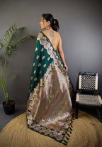 Elora Dark Green Soft Silk Floral Zari Weaving Meenakari Saree With Floral Border | Grocsy
