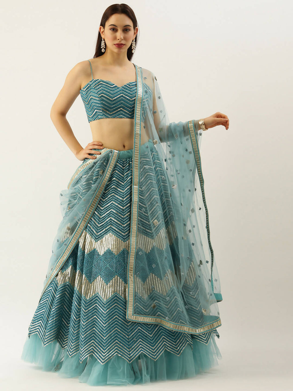 House of Panchhi Women Sea Green Net Zig-Zag Embroideried Lehenga, Blouse & Dupatta | Grocsy