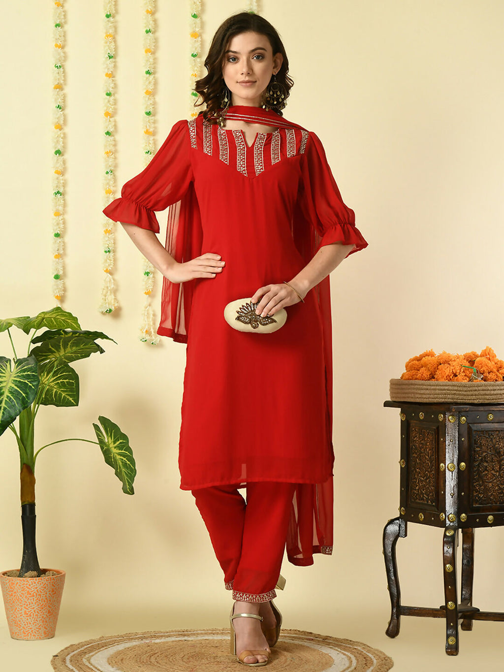Myshka Women's Red Georgette Kurta & Trousers With Dupatta Party Sets | Grocsy