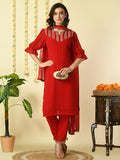 Myshka Women's Red Georgette Kurta & Trousers With Dupatta Party Sets | Grocsy