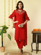 Myshka Women's Red Georgette Kurta & Trousers With Dupatta Party Sets | Grocsy