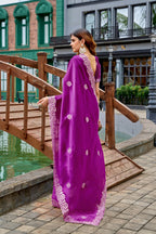 Vastranavya Purple Embroidery Work Shimmer Chiffon Saree with Unstitched Blouse | Grocsy