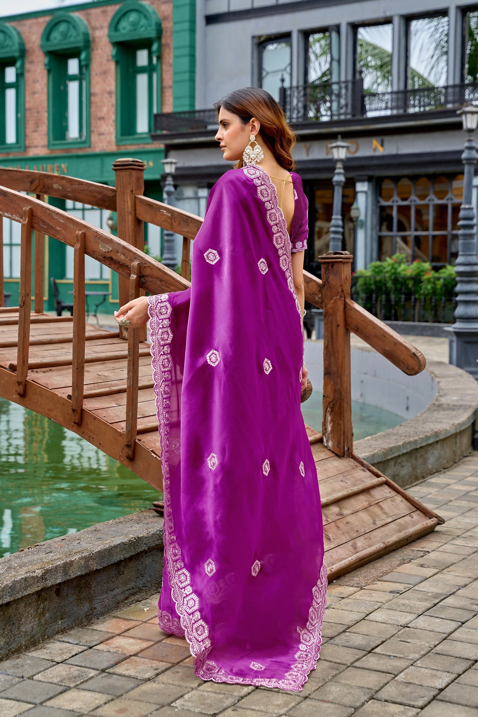 Vastranavya Purple Embroidery Work Shimmer Chiffon Saree with Unstitched Blouse | Grocsy