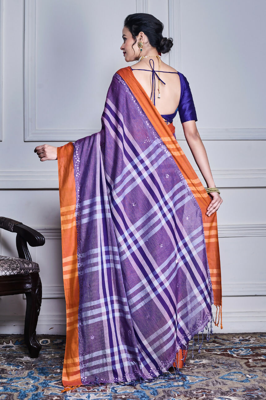 Morchari Purple Cotton Handloom Mirror Work Saree Unstitched Blouse | Grocsy