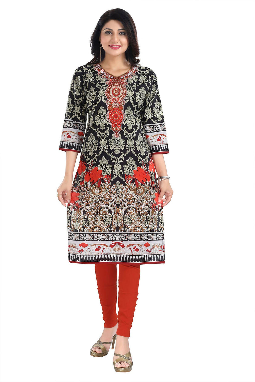 Snehal Creations Deep Black Designer Digital Print Cotton Slub Fabric Long Kurti Tunic | Grocsy