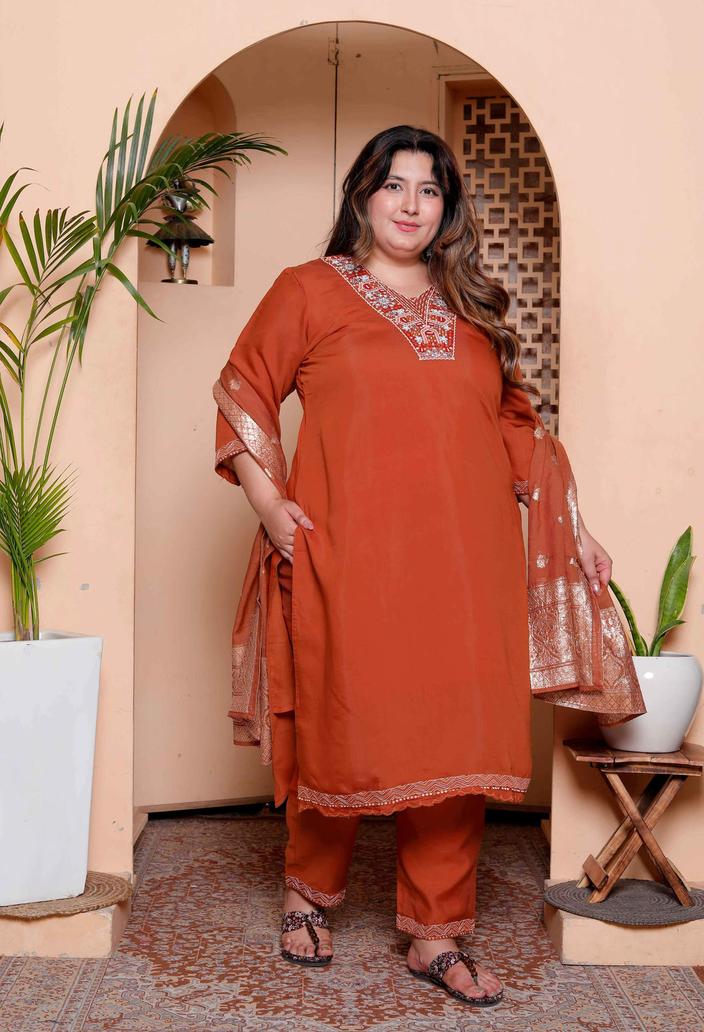 Miravan Women's Plus Size Orange Embroidered Straight Kurta with Palazzo and Dupatta set | Grocsy
