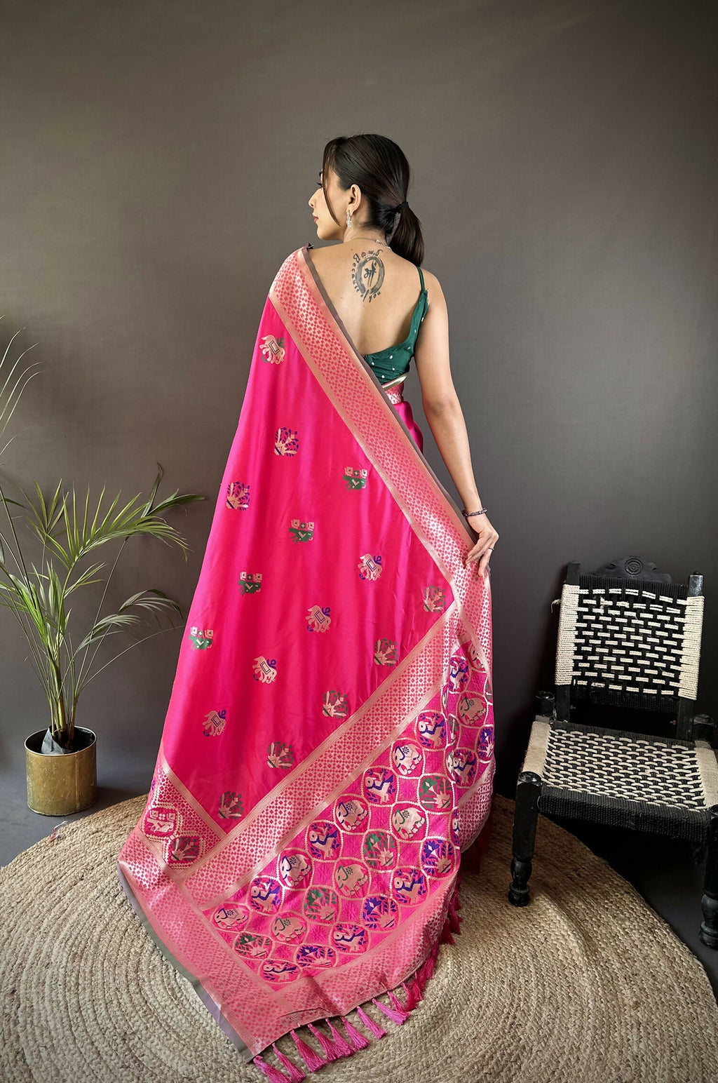 Joban Fashion Rani Pink Elephant & Floral Motifs Soft Lichi Silk Banarasi Saree | Grocsy