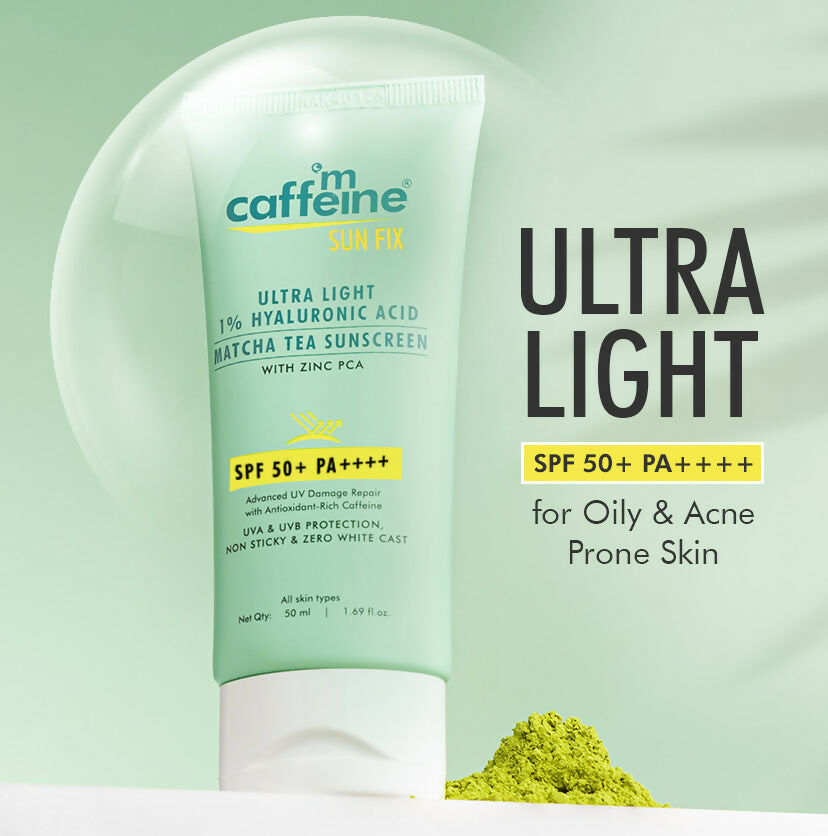 mCaffeine Sun Fix Ultra Light 1% Hyaluronic Acid Matcha Tea Sunscreen SPF 50+ PA++++ | Grocsy