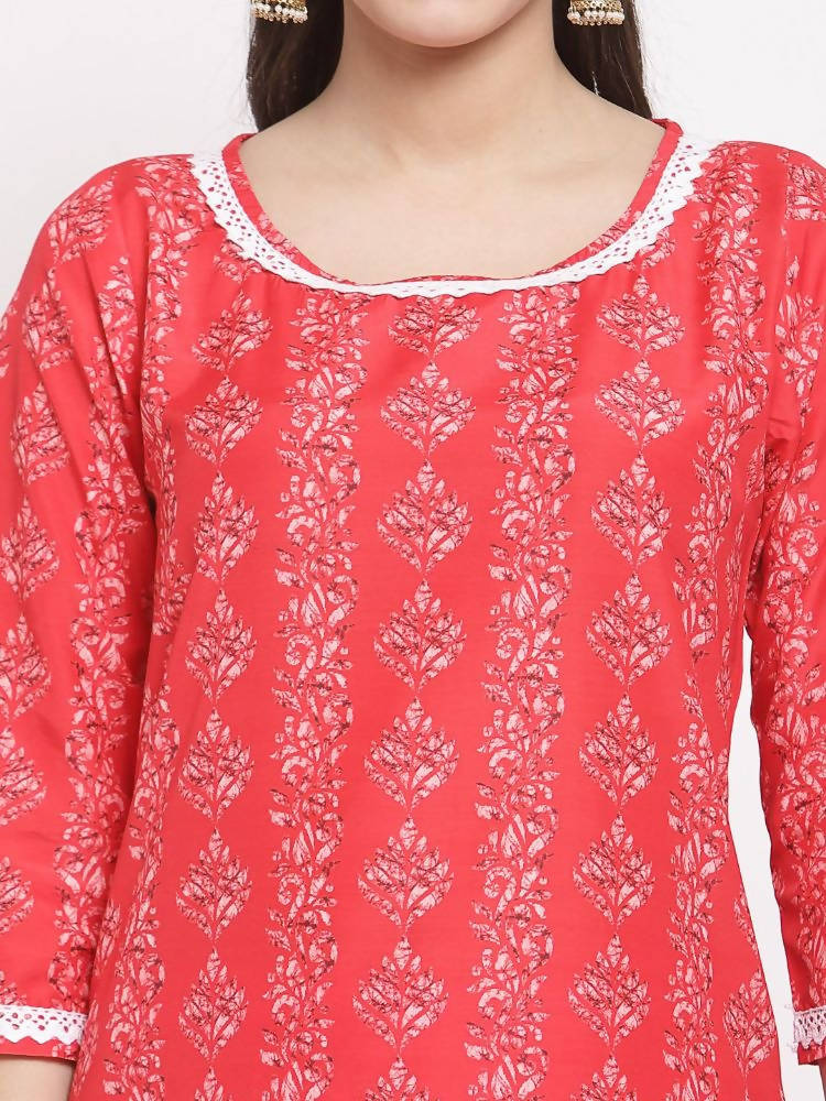 Myshka Women's Red Cotton Printed 3/4 Sleeve Round Neck Casual Kurta Pant Dupatta Set | Grocsy