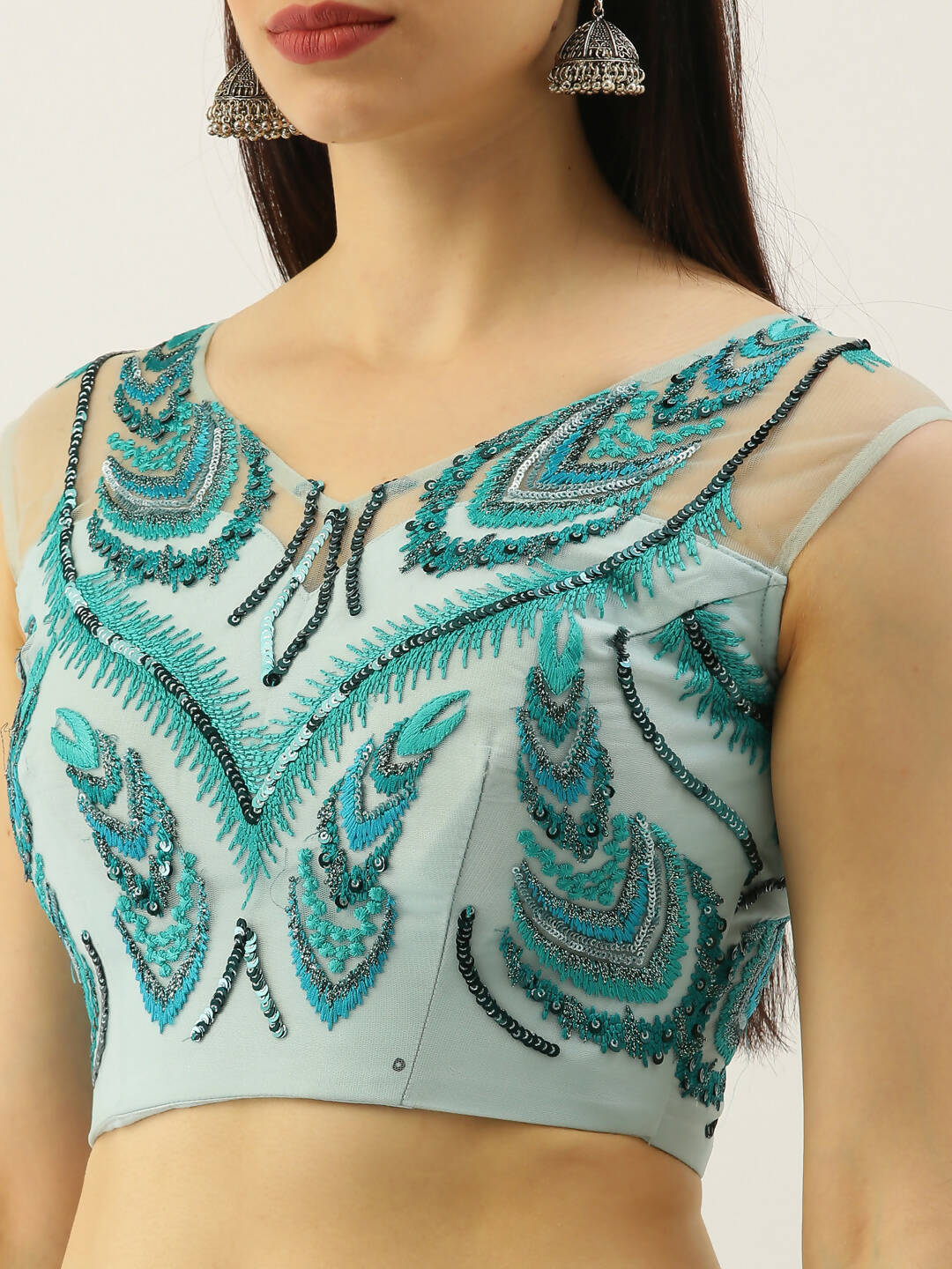 House of Panchhi Seagreen Net Sequins Embroidered Lehenga & Blouse with Dupatta | Grocsy