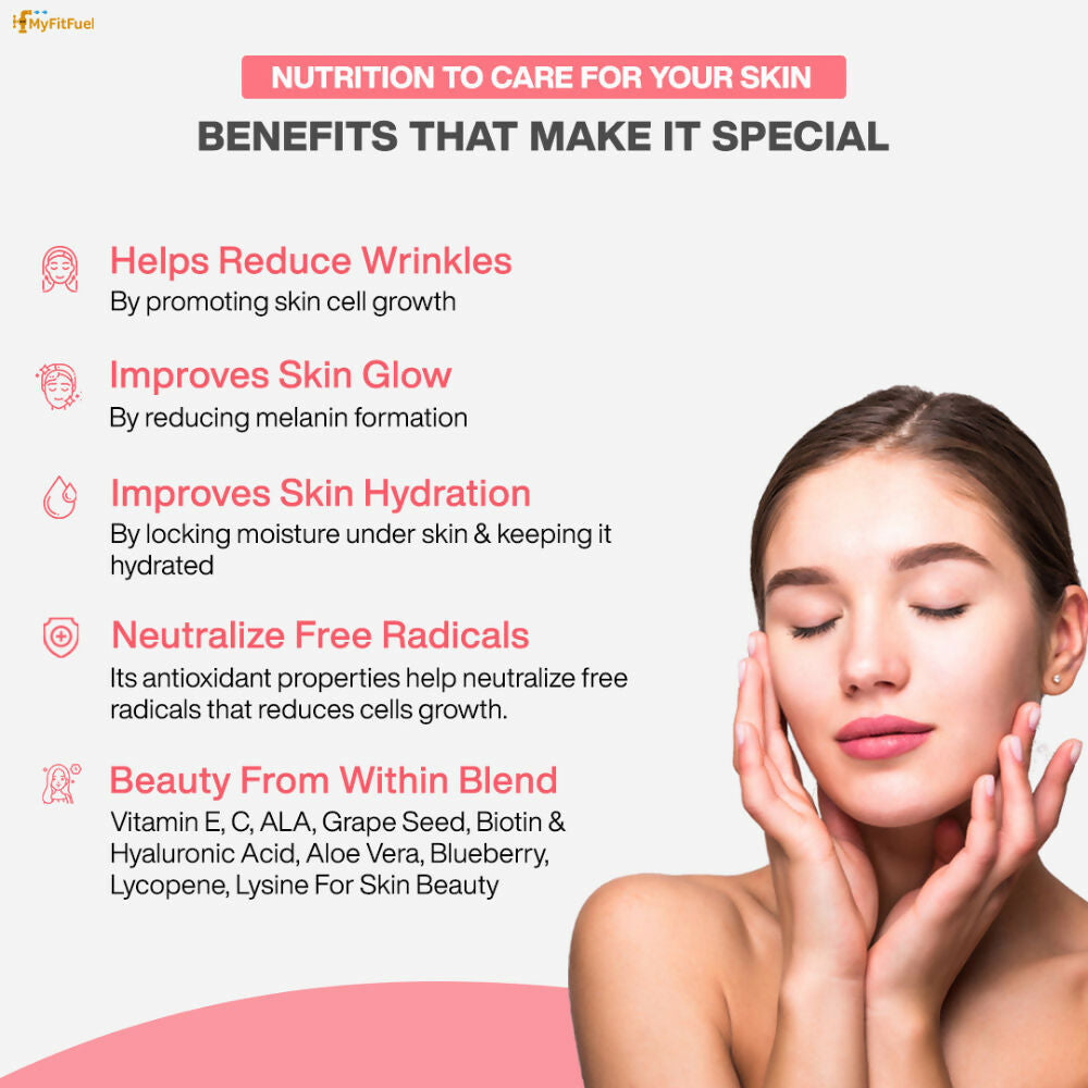 MyFitFuel Skin Beauty Glutathione + Lycopene, Vitamin C & E, Hyaluronic Acid, Biotin Capsules | Grocsy