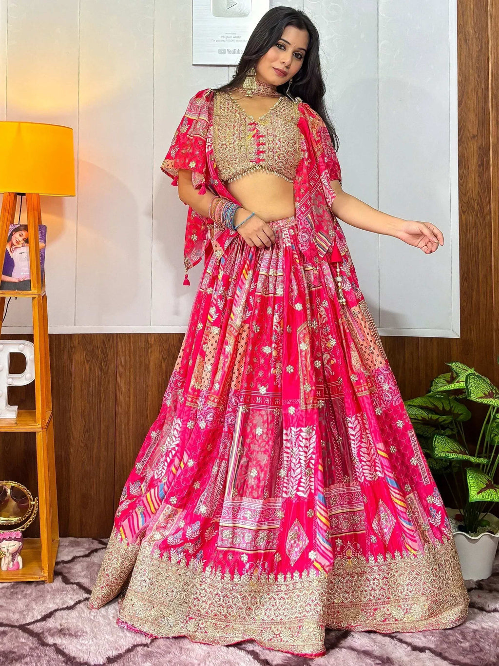Tulsi Art Alluring Pink Digital Printed Chinon Sangeet Wear Lehenga Choli With Dupatta | Grocsy