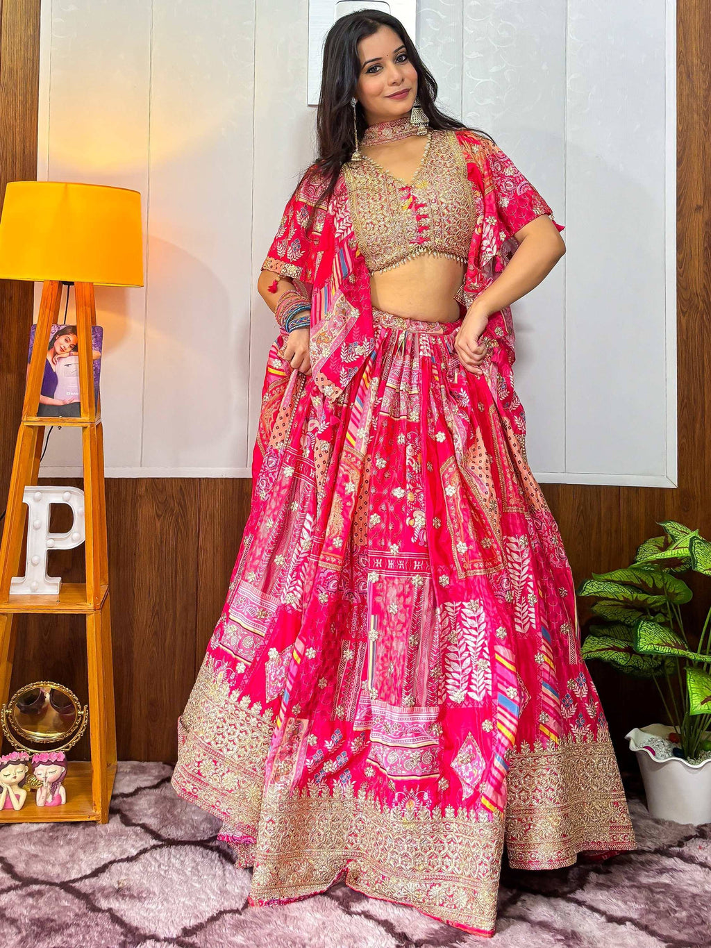 Tulsi Art Alluring Pink Digital Printed Chinon Sangeet Wear Lehenga Choli With Dupatta | Grocsy