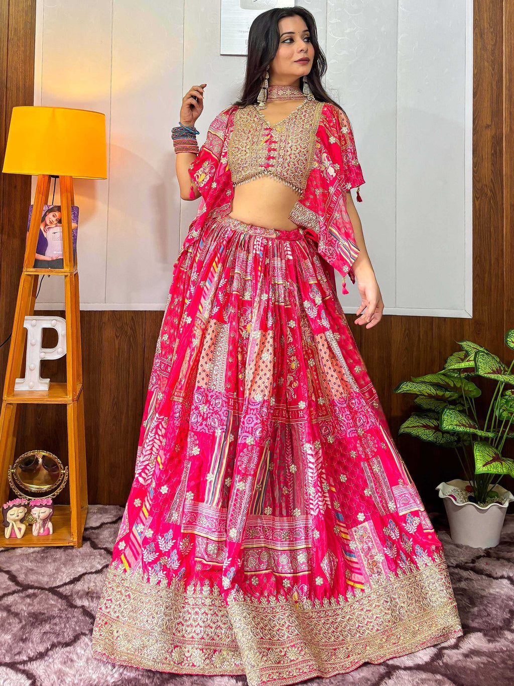 Tulsi Art Alluring Pink Digital Printed Chinon Sangeet Wear Lehenga Choli With Dupatta | Grocsy