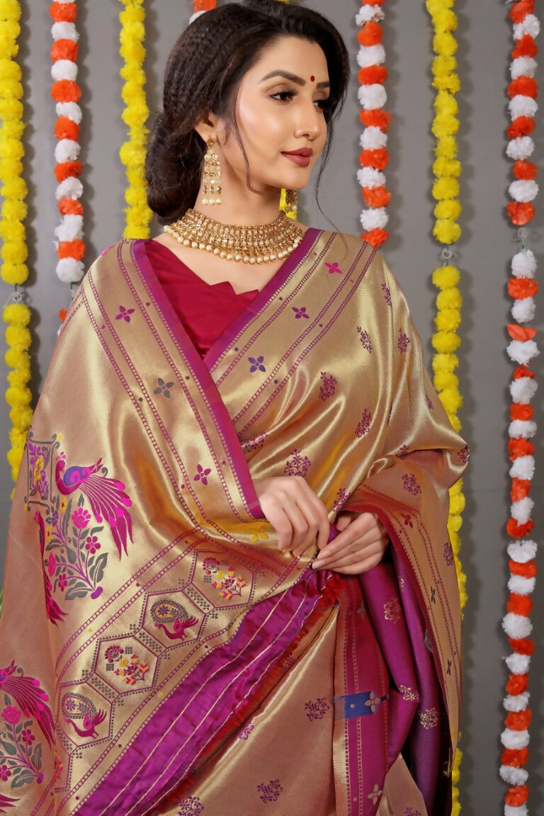 Jyoti Fashion Women's Wine Paithani Silk Zari Woven Saree with Blouse | Grocsy