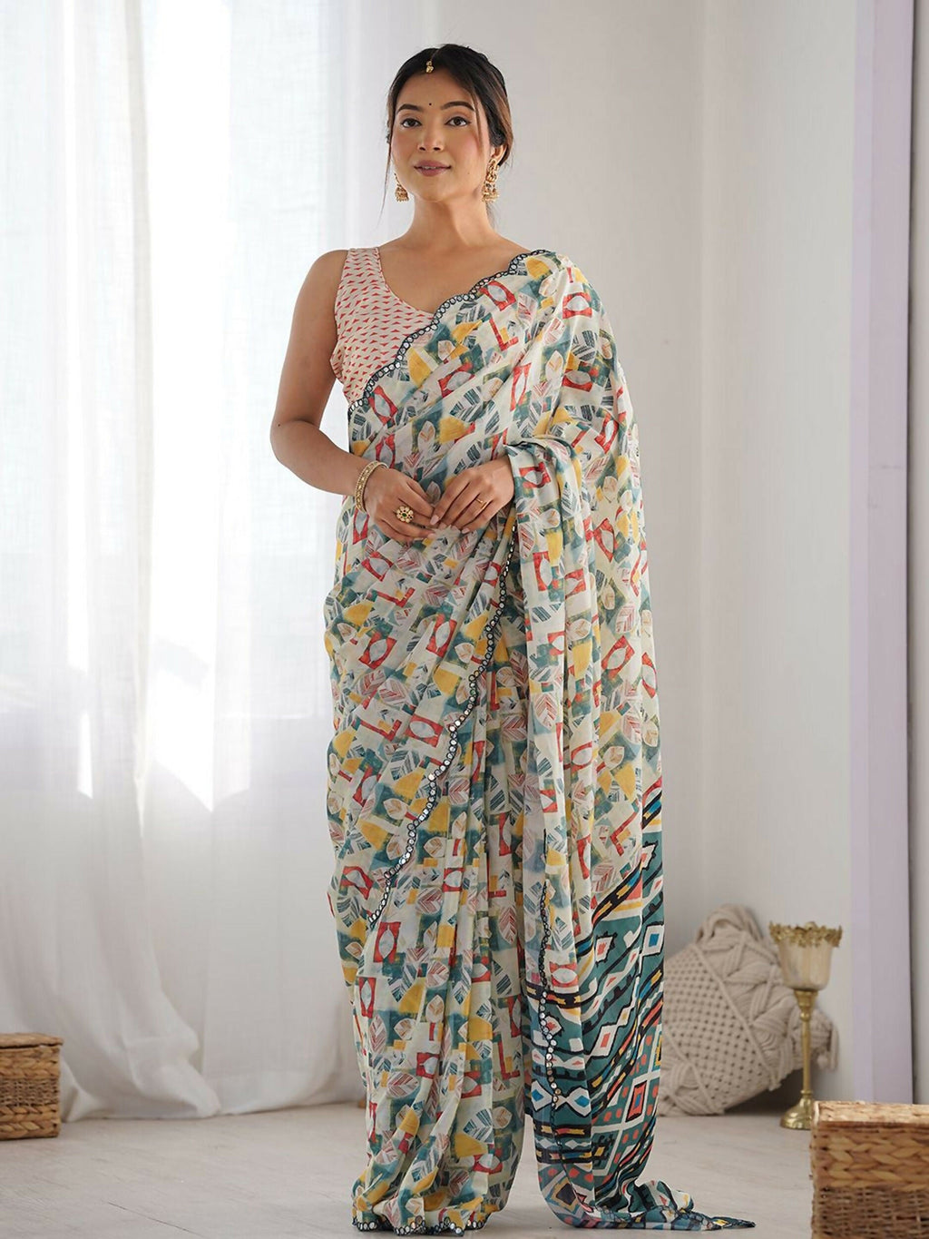 Designer Partywear Georgette White Fancy Saree - Durga | Grocsy
