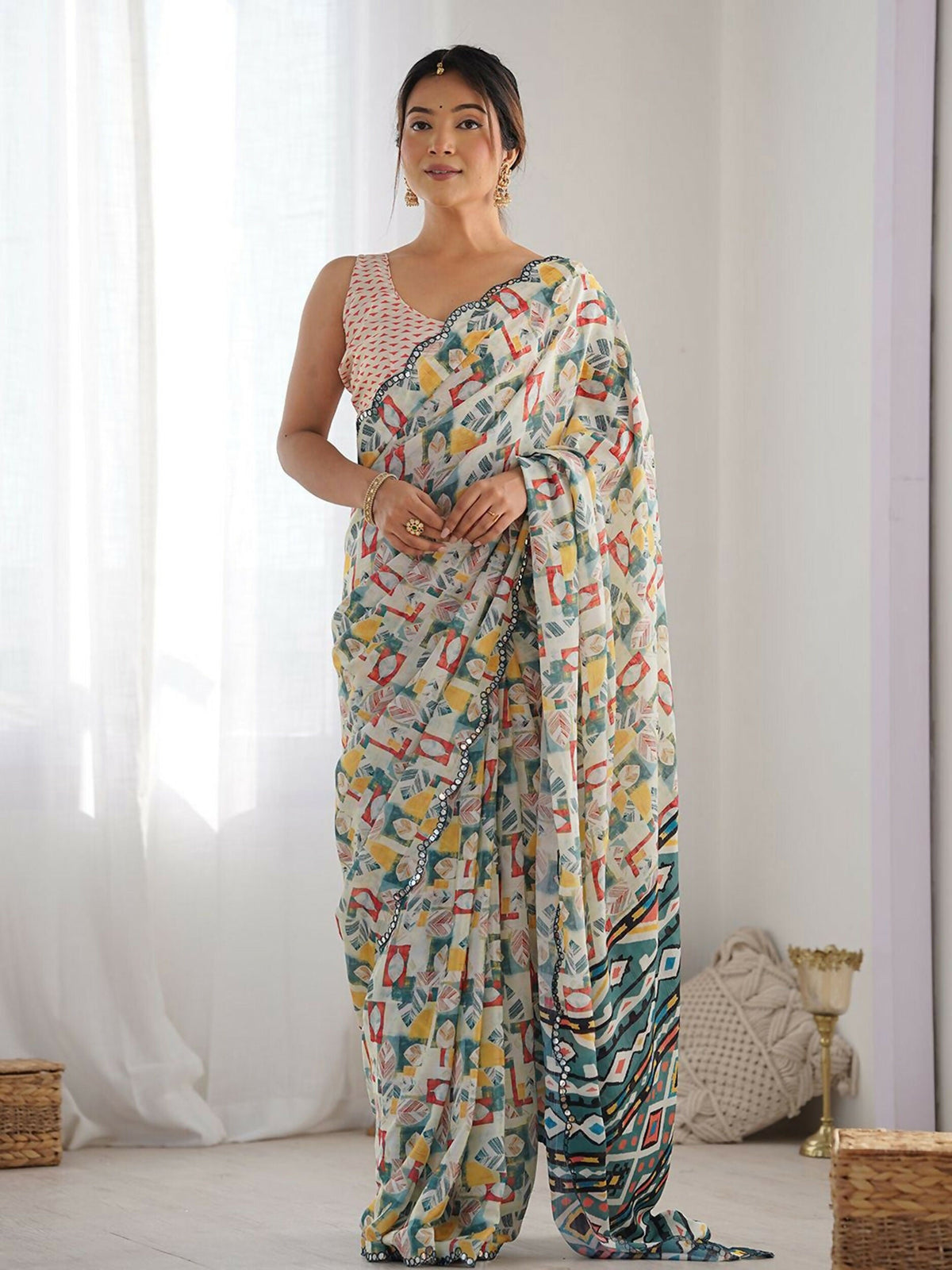 Designer Partywear Georgette White Fancy Saree - Durga | Grocsy