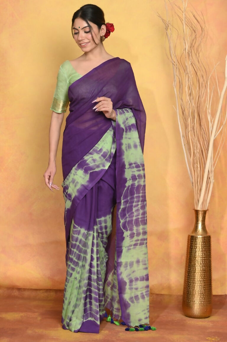 Very Much Indian Tie & Dye Handloom Mul Cotton Saree - Blue Green | Grocsy