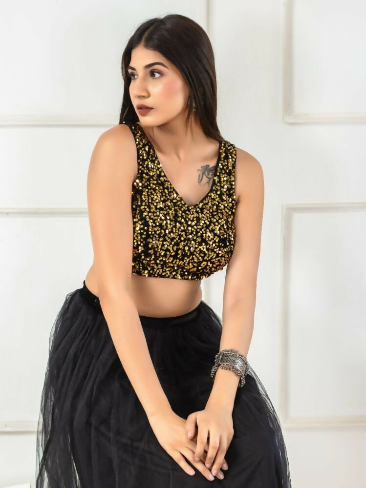 Amodini Designer Studio Women's Velvet Golden Sleeveless Blouse | Grocsy