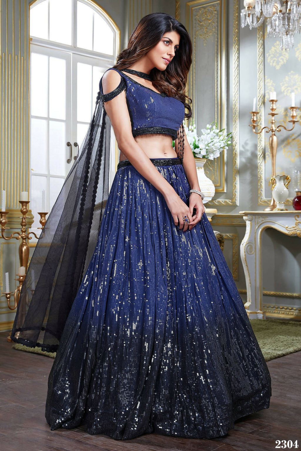 Hazel Wedding Designer Navy Blue Nylon georgette Readymade Lehenga Choli | Grocsy