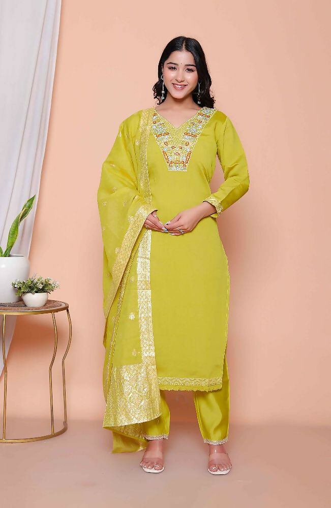 Miravan Womens Muslin Yellow Kurta And Palazzo With Dupatta Set | Grocsy