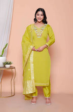 Miravan Womens Muslin Yellow Kurta And Palazzo With Dupatta Set | Grocsy