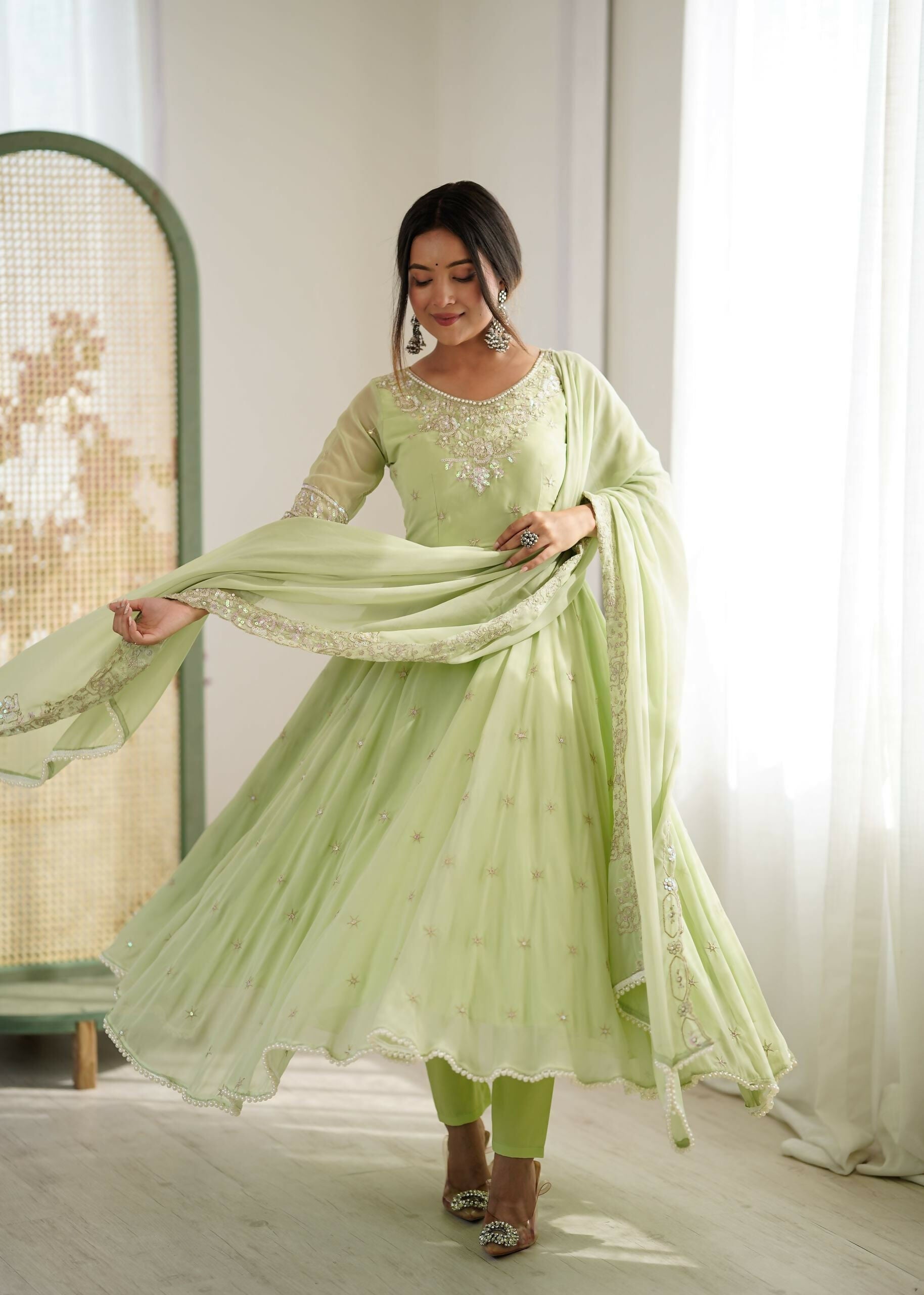 Teeya Creation Pista Color Faux georgette Embroidery Work Wedding Wear Gown | Grocsy