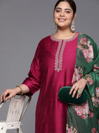 Sztori Plus Size Floral Embroidered Straight Kurta & Trousers With Dupatta | Grocsy