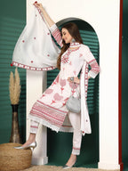 Sangria White Ethnic Motifs Embroidered Notch Neck Cotton Kurta With Trouser & Dupatta | Grocsy