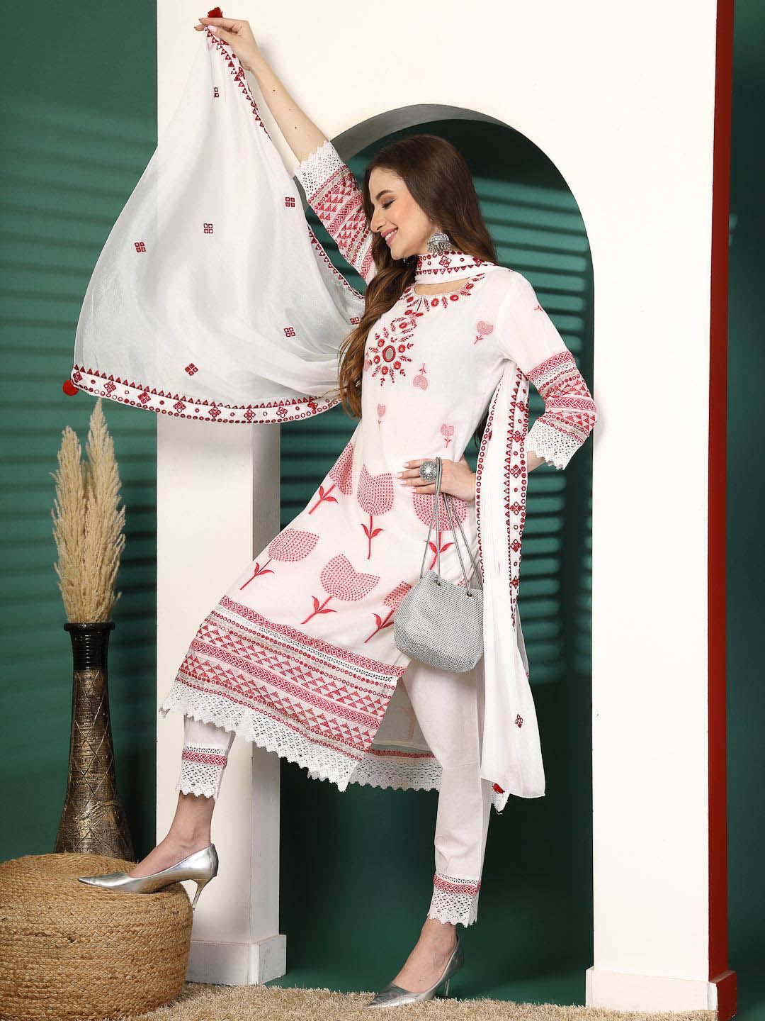 Sangria White Ethnic Motifs Embroidered Notch Neck Cotton Kurta With Trouser & Dupatta | Grocsy