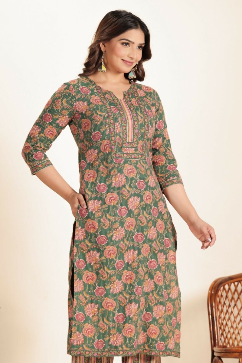 Aramya Green Kantha Cotton Floral Straight Kurta for Women | Grocsy