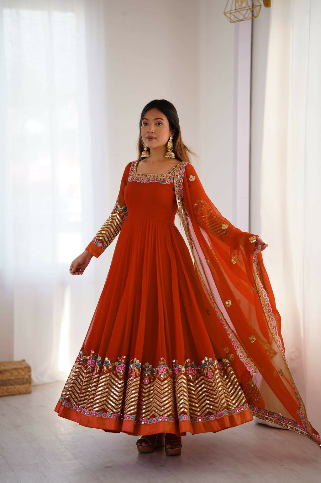 Prazu Fashion Orange Georgette Embroidered Sequence Anarkali Suit | Grocsy