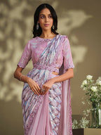 Light Pink Crepe Satin Silk Sequence Embroidered Saree With Stitched Blouse - Mohmanthan La Belle | Grocsy
