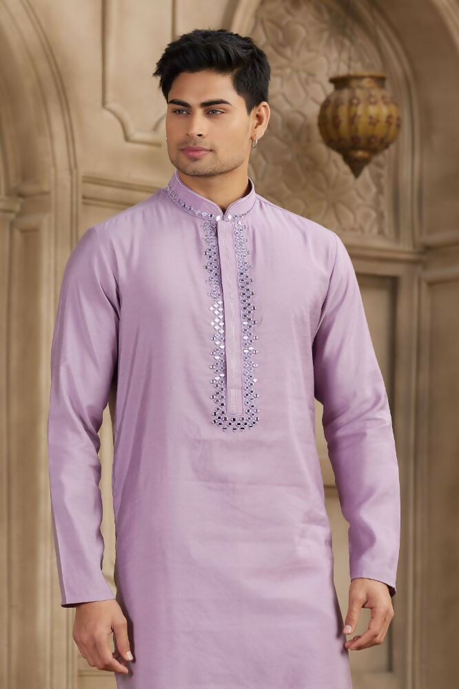 Raivat Ethnic Banarasi Art Silk Mirror Work Kurta Pajama In Purple Colour | Grocsy