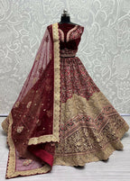 Jyoti Fashion Women's Maroon Velvet Fancy Dori & Sequins Multi Thread Embroidered with Diamond Work Wedding Lehenga Choli | Grocsy