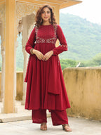 Janasya Maroon Georgette Embroidered Kurta,Bottom & Dupatta | Grocsy