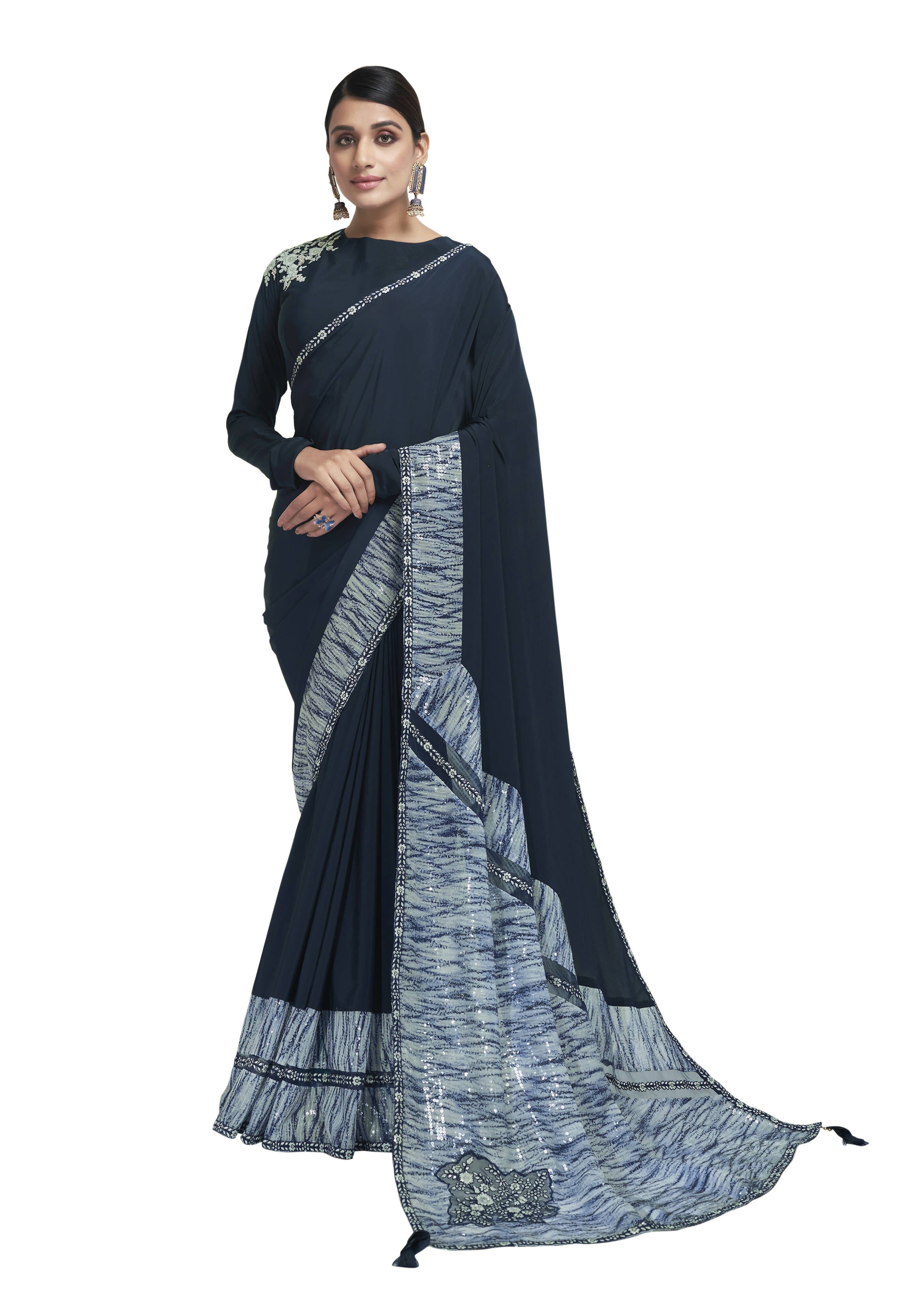 Teal Crepe Sequence Saree With Blouse Piece - Norita Avyaan | Grocsy