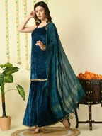 Myshka Women's Teal Velvet Kurti & Sharara With Dupatta Party Sets | Grocsy